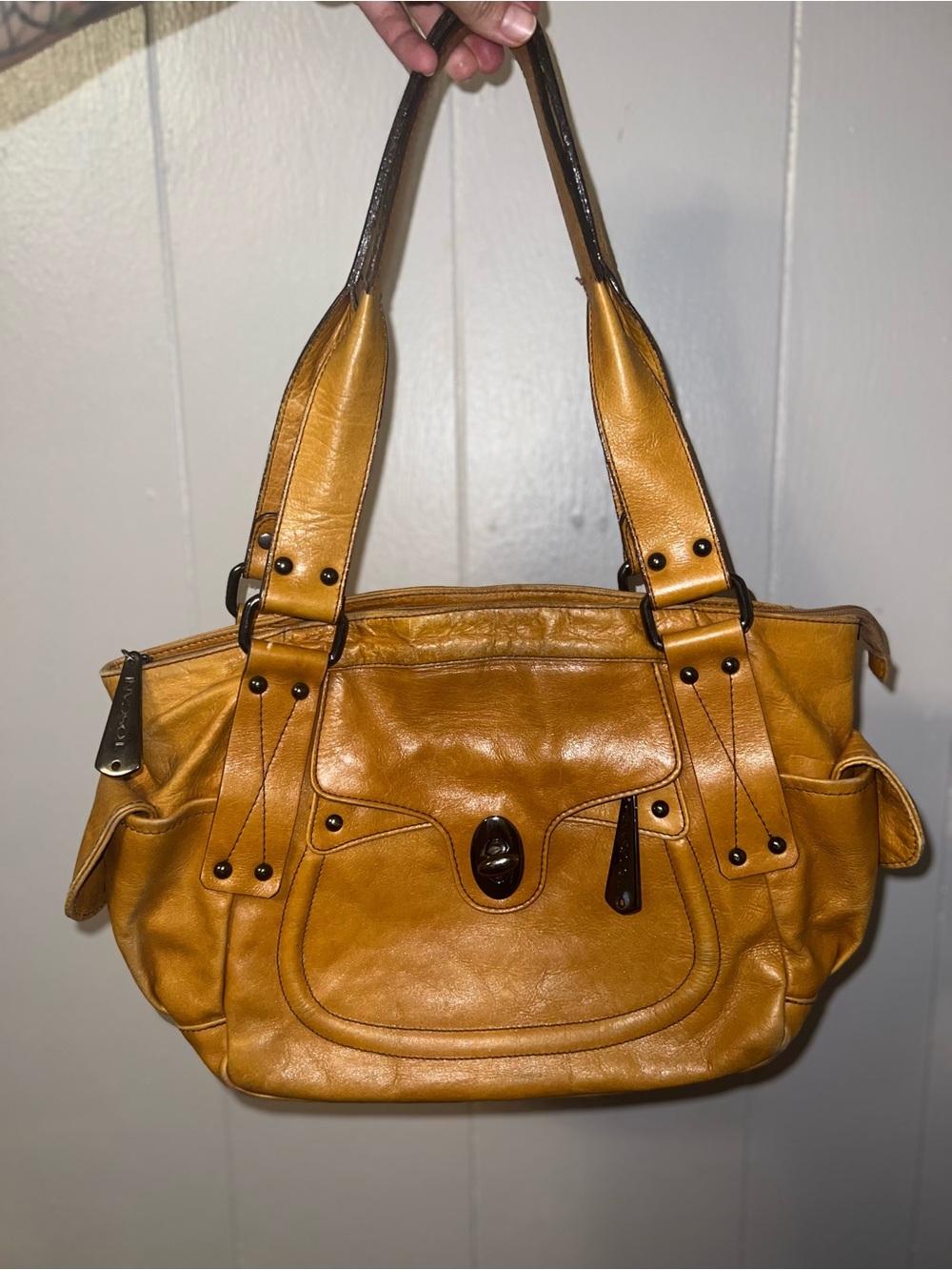 Mustard Yellow Leather Shoulder Tote with Front Flap Pocket - Picture 1 of 5